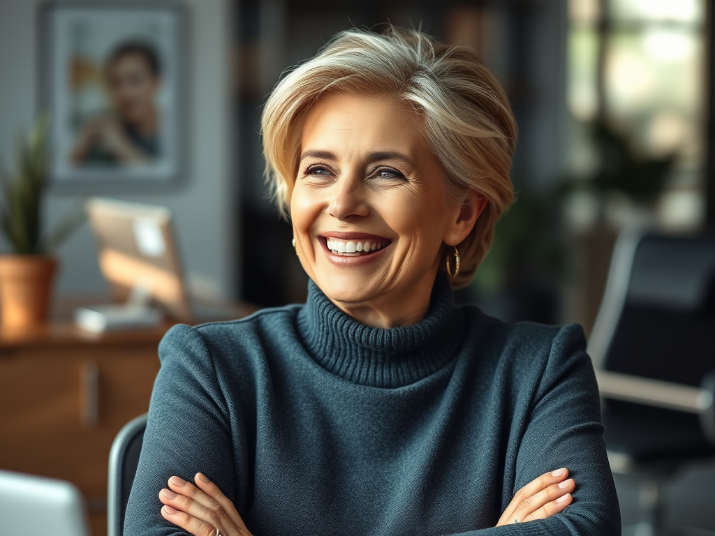 Image Of Midlife Female Leader Expressing Satisfaction Ideally In An